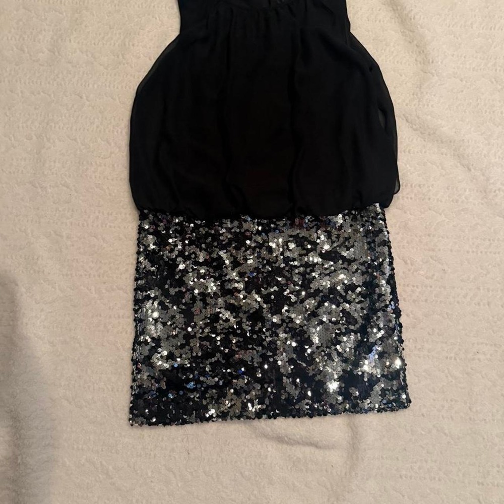 Adrianna Papell Black Chiffon Blouson Sequin Skirt Mini Dress Size 6